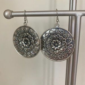 Boho Silver Floral Mandala Circle Earrings